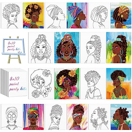 Chuangdi 10 Pcs Afro Queen Pre Drawn Canvas for Painting Pre Printed Paint and Sip Party Supplies 8 x 10 Inch Stretched Outline Board Painting Kit for Adults Beginner Artist DIY - style: Afro Queen