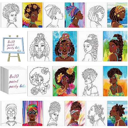 Chuangdi 10 Pcs Afro Queen Pre Drawn Canvas for Painting Pre Printed Paint and Sip Party Supplies 8 x 10 Inch Stretched Outline Board Painting Kit for Adults Beginner Artist DIY - style: Afro Queen