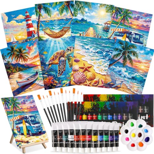 Cholemy 36 Pcs Paint and Sip Kit Gift for Adults 8''x10'',Seaside Scenery | Pre Drawn Canvas, Painting DIY Afro Acrylic Painting Kit, Wood Easel Brushes, Date Night Bulk, Summer Halloween Party - style: Seaside Scenery