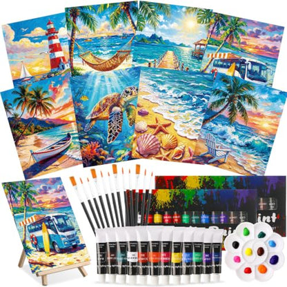 Cholemy 36 Pcs Paint and Sip Kit Gift for Adults 8''x10'',Seaside Scenery | Pre Drawn Canvas, Painting DIY Afro Acrylic Painting Kit, Wood Easel Brushes, Date Night Bulk, Summer Halloween Party - style: Seaside Scenery