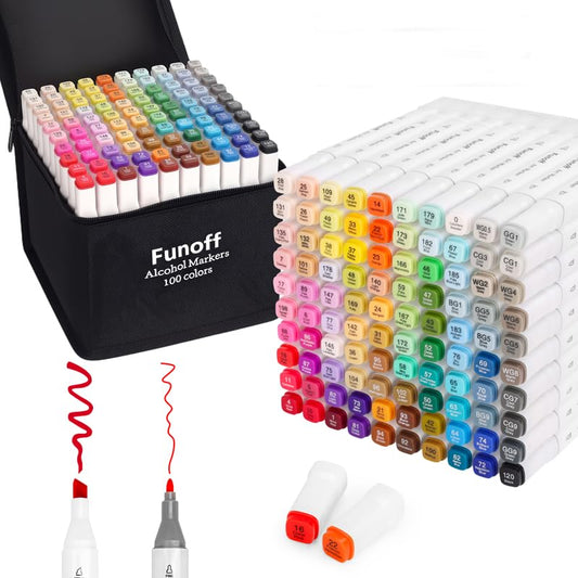 Funoff Alcohol Markers 100 Colors Fine & Chisel Dual Tip Art Marker Set | Permanent Coloring Markers with Carrying Case for Adult Coloring Drawing Sketching Illustration