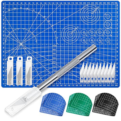 Anezus Exacto Knife Hobby Cutter with A4 Self Healing Cutting Mat Hobby Knife Set with 30 PCS Exacto Blades Precision Art Knife for Crafts Paper Scrapbooking Stencil - color: B.blue