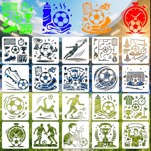 20Pcs Football World Soccer Stencils for Crafts Reusable(3.94X3.94 Inch) | DIY Art Painting Stencil Furniture Decor Kit for Wood Embroidery Wall Silk Screen Journaling - color: Football