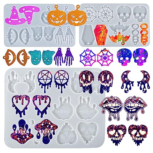 3PCS Halloween Resin Earring Molds, Silicone Jewelry Pendant Keychain Mold with Hanging Hole, Unique Skull Witch Bat Pumpkin Mold for Epoxy Resin Casting Clay, DIY Craft Decor Accessories - color: 3pcs-Halloween