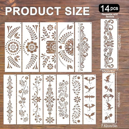 Keluna Border Stencils for Painting - 14 Pcs Reusable Mexican Talavera Flower Crafts Templates Floral Leaf Dragon Stencils for Painting on Wood Wall DIY Art Craft Canvas Fabric Home Décor - style: talavera