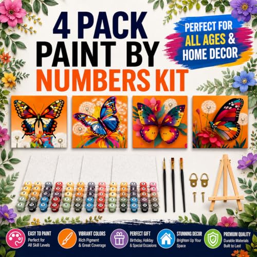 4 Pack Butterfly Paint by Numbers Kit for Kids with Frame Easel 8x8 inch | Butterfly Paint by Number for Kids Age 6-8-12, 4 Pack Mini Painting by Number for Gift Home Wall Decor - color: BKH2256-2259-US