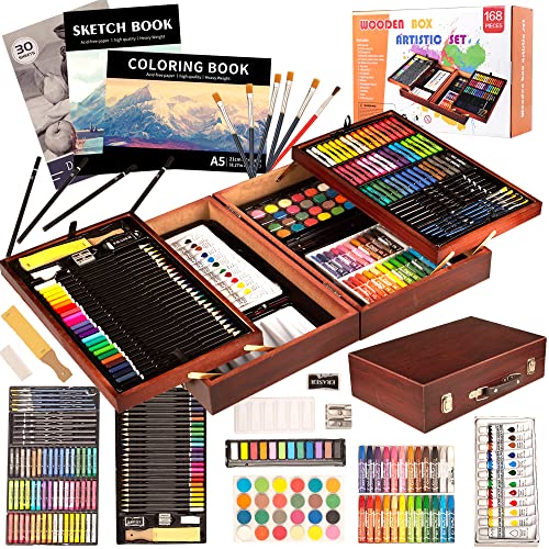 KINSPORY 168-Pack Art Supplies, Deluxe Wooden Art Set Crafts Drawing Painting Coloring Kit, 3 Pack Coloring Pads, Creative Gift Box for Artist Beginners Kids Girls Boys - color: Brown
