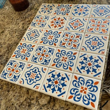 Talavera Stencil Mexican Stencils for Painting 4"x4" | Tile Stencil Folk Art Stencils for Painting on Furniture Wall Stairs Fabric DIY Crafts Decor - style: Tile 25P/4IN