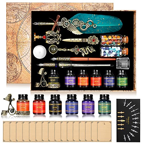 Feather Ink Set, With Quill Pen, Wooden Dip Pen, Glass Dip Pen, 6 Bottles Ink, 16 Letter Paper, 2 Envelopes, 17 Nibs, Pen Holder, 2 Bottles Fire Lacquer Wax, Stamp, Spoon, White Wax, Cup(Green) - color: Green