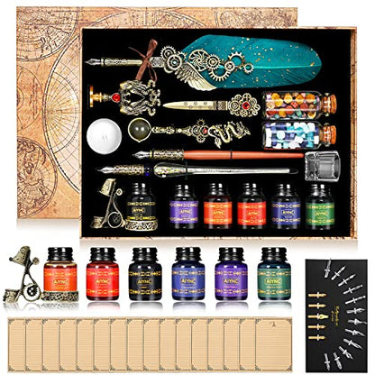 Feather Ink Set, With Quill Pen, Wooden Dip Pen, Glass Dip Pen, 6 Bottles Ink, 16 Letter Paper, 2 Envelopes, 17 Nibs, Pen Holder, 2 Bottles Fire Lacquer Wax, Stamp, Spoon, White Wax, Cup(Green) - color: Green