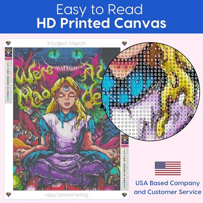 Modern Merch Alice in Wonderland Diamond Art Kits for Adults 'We're All Mad Here' 5D Diamond Painting for Adults, DIY Trippy Wall Art, Cross Stitch Gem Art, Full Round Drill 12x16 - color: Alice in Wonderland