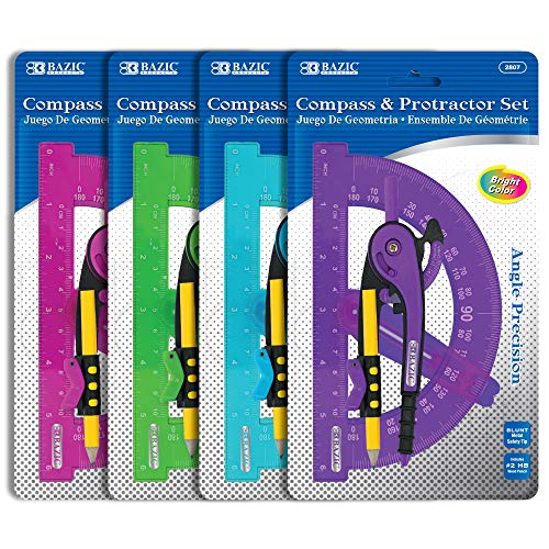 BAZIC Scale-Arm Compass with #2 Wood Pencil and 6-Inch Protractor Set (2807-12P) | #2 wood pencil and a 6 in protractor that draws clean circles and arcs for geometry; math - size: 1 Count (Pack of 1)