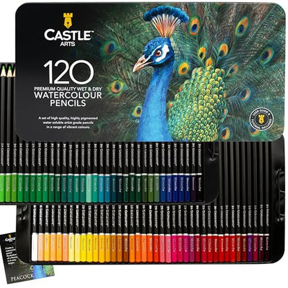 Castle Art Supplies 120 Watercolor Pencils for Adults - Professional Grade | Vibrant pigments for blending, drawing, and painting - professional-grade quality - beautifully presented in a tin case