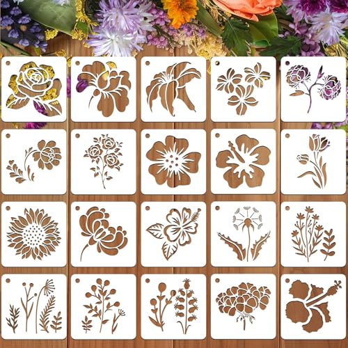JULMELON 20 Pcs Flower Stencils for Painting on Wood Reusable Sunflower | PET Plastic, Flower Stencils for Crafts Reusable, Wall Floor Rock Art Painting, Large Flower Stencils, 3 Inch DIY Projects - style: Flower Stencils