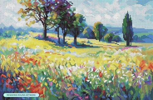 DIAMOND ART CLUB Wildflower Field with Trees in the Summer Countryside | Diamond Art Kits for Adults, Premium Diamond Painting Kit, Fun DIY Crafts for Adults, Round Diamond Art Canvas, 20" x 13" - color: Wildflower Field with Trees in the Summer Countrysi