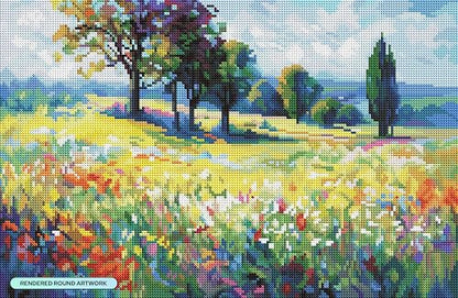DIAMOND ART CLUB Wildflower Field with Trees in the Summer Countryside | Diamond Art Kits for Adults, Premium Diamond Painting Kit, Fun DIY Crafts for Adults, Round Diamond Art Canvas, 20" x 13" - color: Wildflower Field with Trees in the Summer Countrysi