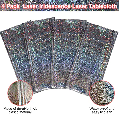 4 Pack Iridescent Plastic Tablecloths Shiny Disposable Laser Rectangle Table Covers Holographic Foil Tablecloth Iridescent Party Decoration Birthday Bridal Wedding Christmas 54"x108"(Silver) - color: Silver