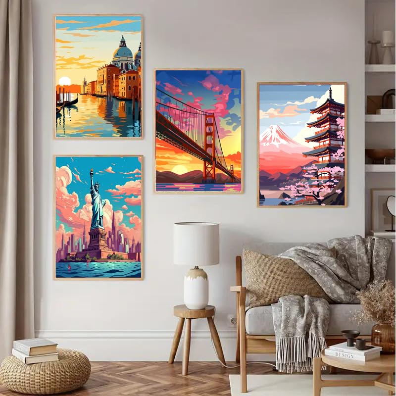 6 Pack Framed Paint by Numbers Kit for Adults Beginners with Wooden Easel,Scenery-Cityscape Easy Adults' Paint-by-Number Kits with Frame,DIY Number Painting Adults for Decor Present 8x12 inch