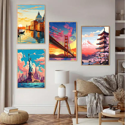 6 Pack Framed Paint by Numbers Kit for Adults Beginners with Wooden Easel,Scenery-Cityscape Easy Adults' Paint-by-Number Kits with Frame,DIY Number Painting Adults for Decor Present 8x12 inch