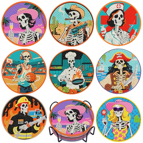 DOTSOPS 8 Pcs Skull Diamond Painting Coasters for Beginners with Holder - color: Eskull