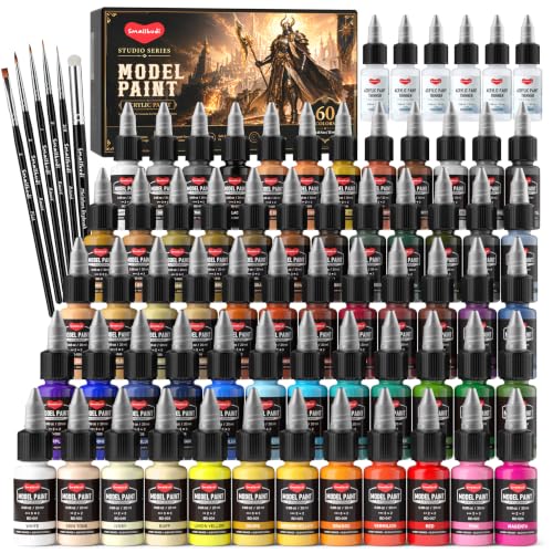 Smallbudi 60 Colors Model Paint Set 20ml/0.6oz Miniatures Acrylic Paint Set | 6 Brushes & 6 Airbrush Thinners for Brush Use & Airbrushing, Modeling Paint Set for Miniature Gaming Figures 3D Prints Crafts - color: 60 Colors with 6 Thinner