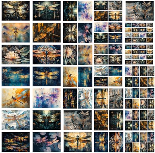 Decoupage Paper Pack (35 Sheets 6"x8") Dragonfly Jewel Garden ~ Stylized Dragonflies with Iridescent Wings in Jewel-Toned Fantasy Gardens, Illustrated in Stained Glass and Soft-Focus Surreal Style - color: Three