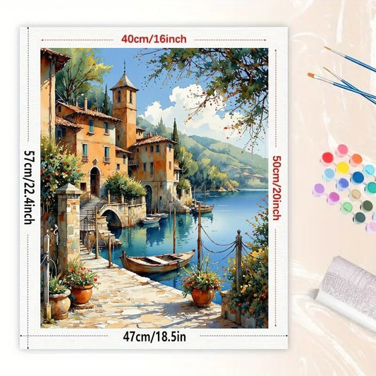 Lakeside Village Paint by Numbers Kit for Adults - DIY Italian Village with Boats on Lake Painting on Canvas 16x20 Inches, Acrylic Paint Set, Suitable for Beginners, Art for Home Decoration or Gifts - color: HSX01289, size: 16X20IN Folded