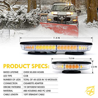 Xprite COB LED Rooftop Strobe Light Bar, Super Bright 19 Adjustable Lighting Modes with Magnetic Base for Construction Vehicles Tow Trucks Snowplow, White Amber - color: White Amber