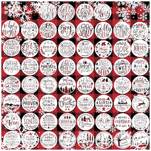 Small Stencils for Painting on Wood Reusable, 3 Inch Reusable Stencil for Craft Ornament Paint Template Stencils for Wall Card Rock Wood Signs Coasters Canvas Home Decor (Christmas Words 3) - style: 60pcs words 3in round-3