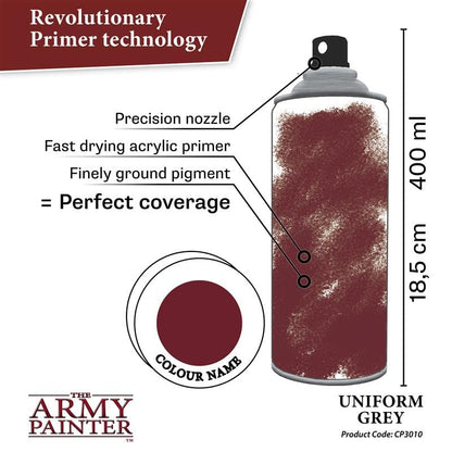 The Army Painter, Colour Primer Uniform Grey, 400 ml acrylic spray | Spray Paint Basecoat for Miniature Model Undercoat Priming, Plastic Wargames, DnD & Warhammer - color: Uniform Grey