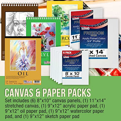 U.S. Art Supply 133-Piece Artist Painting Kit - Aluminum & Wood Easel, 24 Each (Acrylic, Oil, Watercolor Paints), 8 Canvases, 44 Brushes, 4 Paint & Sketch Pads - Painting Kits for Adults, Gift Set