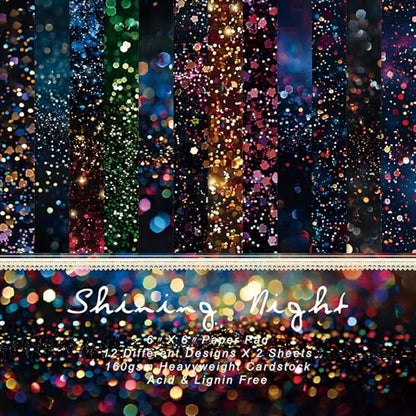 Neon Scrapbooking Paper Pad, 6 x 6 Inch Glitter Dust 160gsm Cardstock Paper, 24 Sheets Luxury Rainbow Sparkle Craft Paper for New Year Party, Holiday Cards DIY - color: 20004A - 6×6