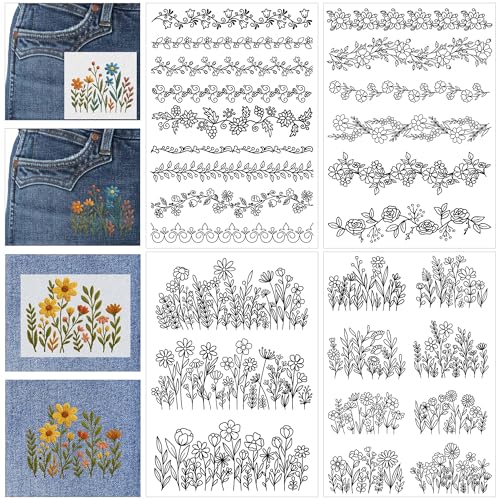 Water Soluble Stabilizer for Embroidery - Flower Stick & Stitch Embroidery Paper Wash Away, Floral Lace Frame Hand Sewing Embroider Patterns for Jean Bag T-Shirt (4 Sheets) - style: Flower013