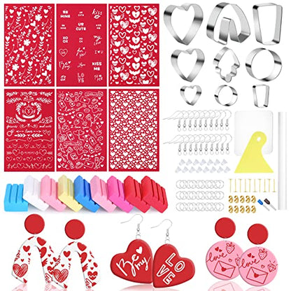 Rumia 114Pcs Polymer Clay Earring Making Kit: 6 Stencils, 9 Colors & Shapes, Tools & Accessories - Valentine's Day Gift