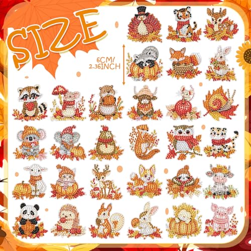 Xuhal 30 Pcs Fall Animal Diamond Painting Magnet Diamond Art Kits for Adult | Autumn Animal Refrigerator Magnet, Thanksgiving 5D Rhinestone Fridge Magnetic Sticker, Diamond Club Gifts, Small DIY Crafts - color: Fall