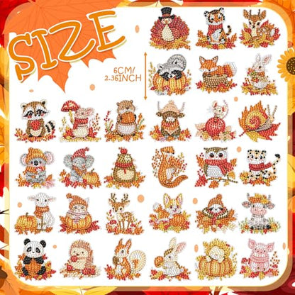 Xuhal 30 Pcs Fall Animal Diamond Painting Magnet Diamond Art Kits for Adult | Autumn Animal Refrigerator Magnet, Thanksgiving 5D Rhinestone Fridge Magnetic Sticker, Diamond Club Gifts, Small DIY Crafts - color: Fall