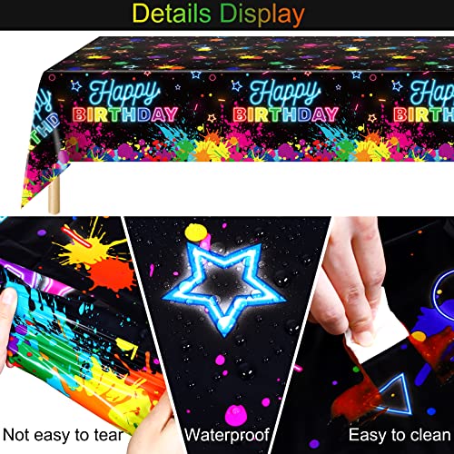 durony 2 Pack Glow in the Dark Birthday Party Tablecloth Neon Plastic Disposable Table Cover Paint Graffiti Happy Birthday Table Decorations for Let's Glow Birthday Party, 54 x 108 Inch - style: Neon Birthday