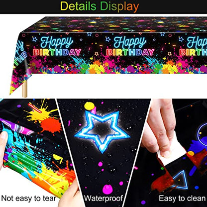 durony 2 Pack Glow in the Dark Birthday Party Tablecloth Neon Plastic Disposable Table Cover Paint Graffiti Happy Birthday Table Decorations for Let's Glow Birthday Party, 54 x 108 Inch - style: Neon Birthday