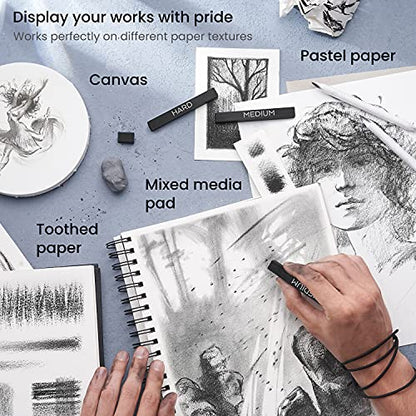 ARTEZA Compressed Charcoal Sticks Set of 16 – Medium and Hard Drawing Crayons for Sketching, Shading, Line Work in Charcoal Art and Figure Drawing | Deep Black Marks, Controlled Lines in Varied Thicknesses, Rich Layered Depth, For Sketching, Shading and F
