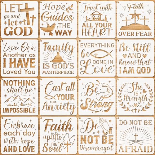 JSRQT 16 Pieces Christian Inspirational Stencils, Bible Verse Motivational Quotes Word Stencils Set, Plastic Reusable Template for Painting DIY Wood Wall Canvas Sign for Home Decoration, 20×20 CM - size: 20*20CM