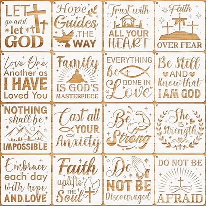 JSRQT 16 Pieces Christian Inspirational Stencils, Bible Verse Motivational Quotes Word Stencils Set, Plastic Reusable Template for Painting DIY Wood Wall Canvas Sign for Home Decoration, 20×20 CM - size: 20*20CM