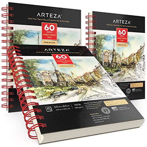 ARTEZA Mixed Media Sketchbook, 5.5 x 8.5 Inches, Pack of 3, 60 Sheets Each, Micro-Perforated Spiral-Bound Paper Pad for Wet and Dry Media - size: 5.5"x8.5" (Pack of 3)