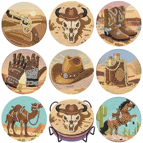 DOTSOPS 8 Pcs Cowboy Diamond Painting Coasters with Holder for Beginners - color: Ecowboy