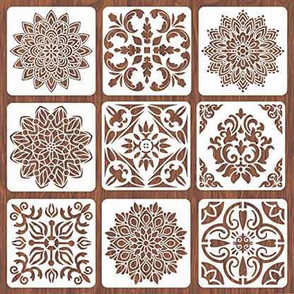 INFUNLY 9PCS/Set Mandala Flowers Wall Stencils for Painting 12x12 Mexican Tile Stencil Art Flower Concrete Floor Stencils Reusable Drawing Template for Painting Wood Canvas Furniture Patio Home Decor