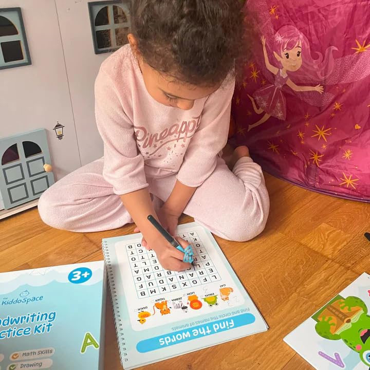 Kiddospace Handwriting Practice Kit - Handwriting Workbook - Includes 4 Reusable Workbooks for Math, Numbers, Alphabet & Drawing -Handwriting Practice Books for Kids - Disappearing Ink Pen Included