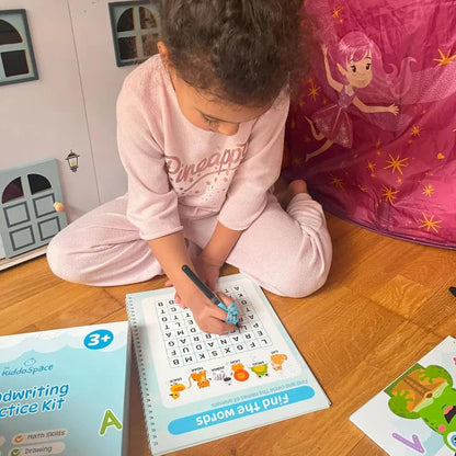 Kiddospace Handwriting Practice Kit - Handwriting Workbook - Includes 4 Reusable Workbooks for Math, Numbers, Alphabet & Drawing -Handwriting Practice Books for Kids - Disappearing Ink Pen Included