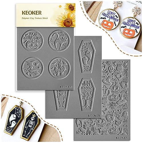 Keoker Polymer Clay Texture Sheets Halloween, Halloween Clay Texture Mat for Making Earrings Jewerly, Halloween Polymer Clay Earrings Tools (with Polymer Clay Cutters) - color: polymer clay texture for Halloween 4