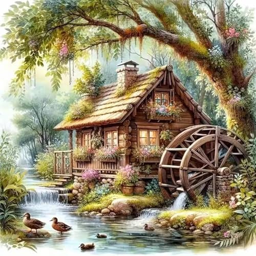Countryside Diamond Art Kits for Adults, Diamond Painting Kits for Adults for Beginners, DIY Water Wheel Diamond Dots Art Kits, 5D Full Round Drill Gem Art Painting Kits for Home Wall Decor, 14x14in - color: Countryside