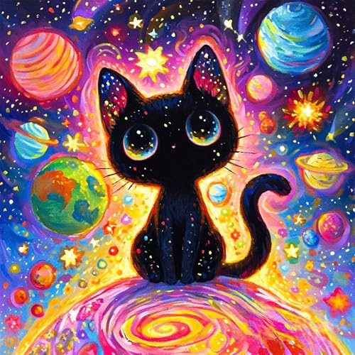 PRASIO Black Cat Diamond Art Kits for Adults Beginner, Colorful Planet 5D Diamond Painting Kits for Adults, DIY Round Full Drill Gem Art Painting and Crafts for Gift Home Wall Decor 14x14 Inch - color: XM-DP-BlackCat01-3535