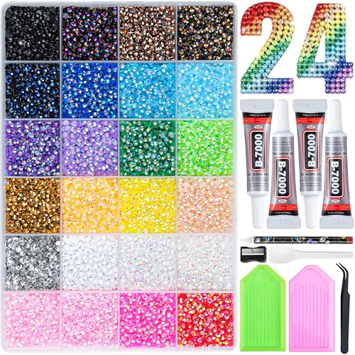 30000 Pcs Resin Jelly Rhinestones Kit, Multicolor 4mm Flatback Rhinestones with 4 Pcs B7000 Jewelry Glue & Tools, All-in-One Bedazzling Kit for DIY Arts & Crafts Gifts - color: 24 Colors 4mm